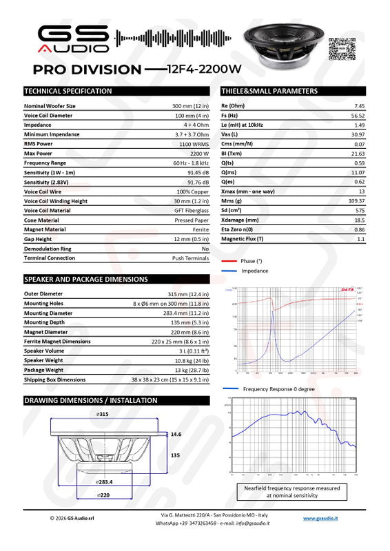 GS Audio PRO 12F4-2200W | PA Woofer