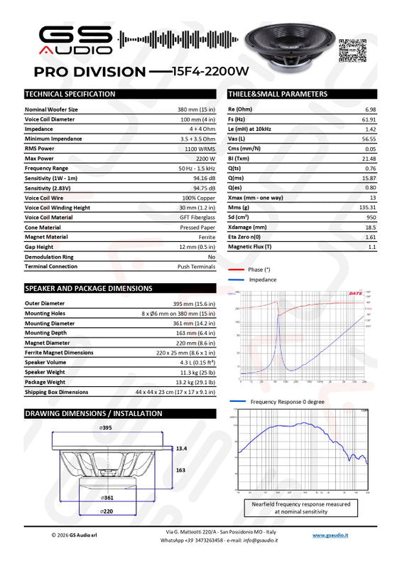 GS Audio PRO 15F4-2200W | PA Woofer