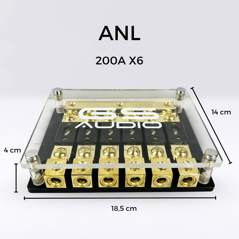 GS Audio Premium ANL 6-vägs säkringshållare – 3 × 70 mm² in / 6 × 70 mm² ut