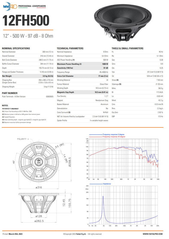 Faital Pro 12FH50012" - 500 W - 97 dB - 8 Ohm
