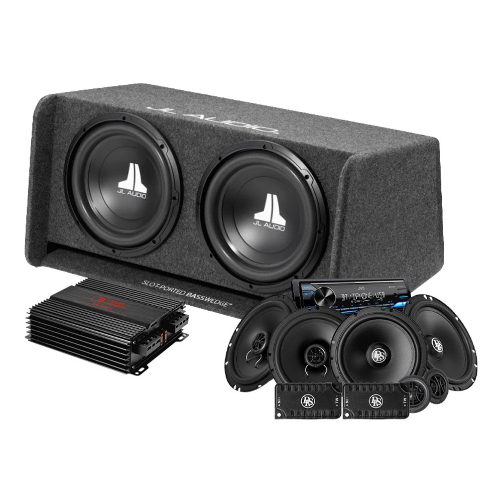 JL Audio CP212-W0v3 med RA1200W, KD-X382BT och DLS-högtalare, helhetspaket