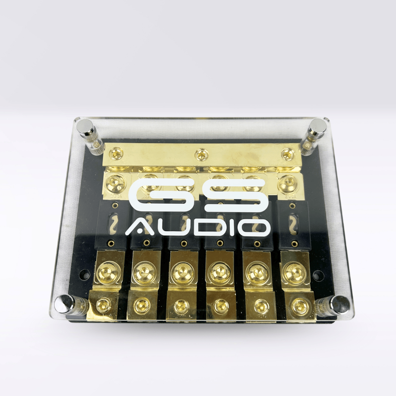 GS Audio Premium ANL 6-vägs säkringshållare – 3 × 70 mm² in / 6 × 70 mm² ut