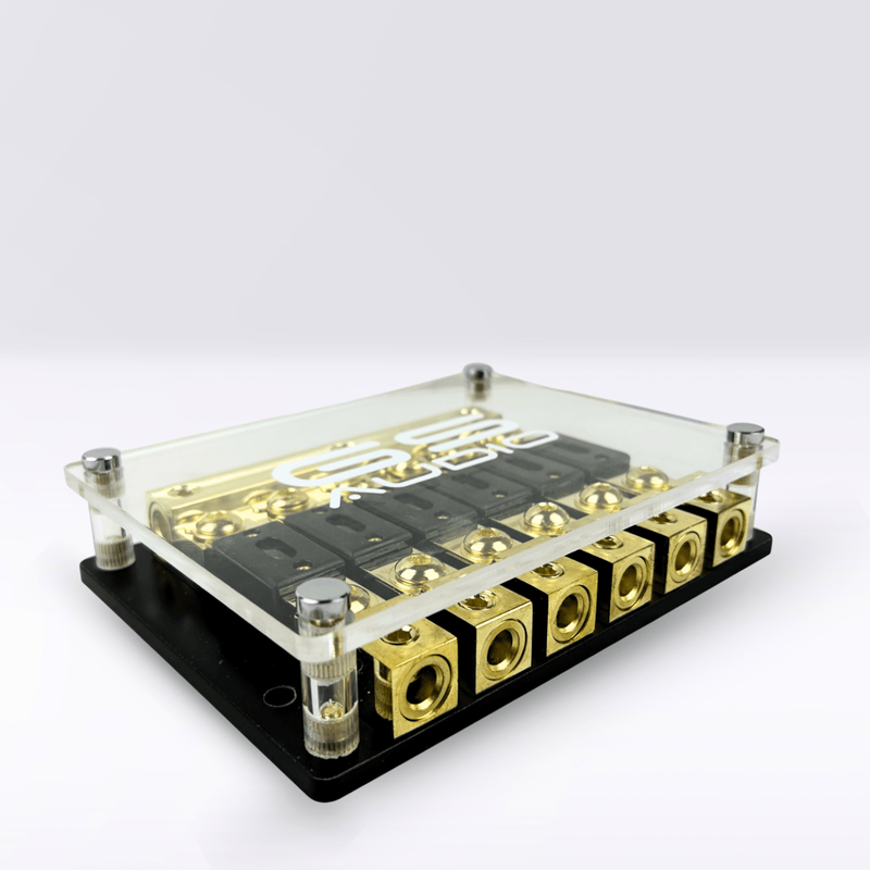 GS Audio Premium ANL 6-vägs säkringshållare – 3 × 70 mm² in / 6 × 70 mm² ut